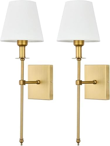 Wall Sconces Sets of 2, Classic Brushed Brass Sconces Wall Lighting, Hardwired Bathroom Vanity Light Fixture with Fabric Shade for Bedroom Living Room Hallway Kitchen, Gold