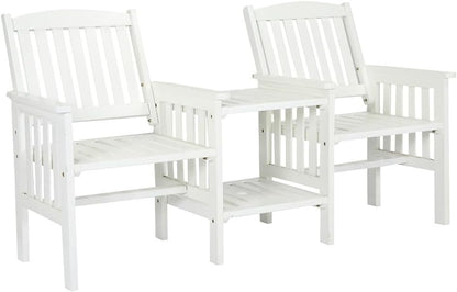 HortiKRAFT Wooden Outdoor Loveseats and Table Set - Fir Wood Twin Seats and Integrated Table Patio Conversation Set with 2-Seater Armchairs and Coffee Table Durable Garden Bench Furniture - White