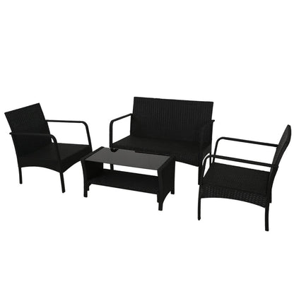 Gardeon Outdoor Lounge Setting Wicker Sofa Set Table and Chairs, Garden Furniture Patio Couch Deck Backyard Rattan, Cushion Weather-Resistant Black of 4