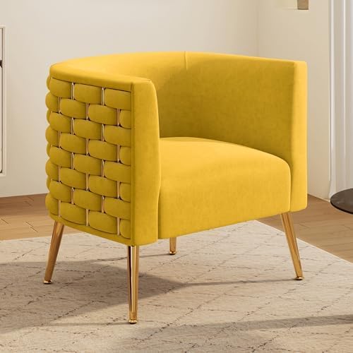 SEYNAR Modern Velvet Barrel Accent Chair, Comfy Wide Handmade Woven Bucket Arm Chair, Fluffy Tufted Upholstered Single Sofa Chair for Living Room, Bedroom, Office, Waiting Room(Yellow)