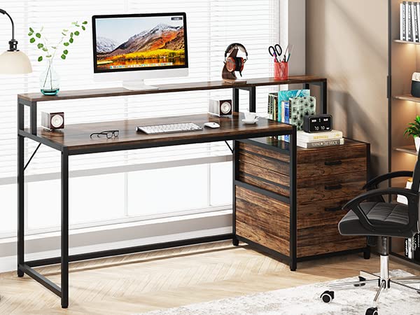 Tribesigns Office Desk with Drawers, 160cm Computer Desk with Monitor Stand, Rustic Work Desk with Printer Space, Wood Home Office Desk with File Drawer Cabinet, Rustic Brown