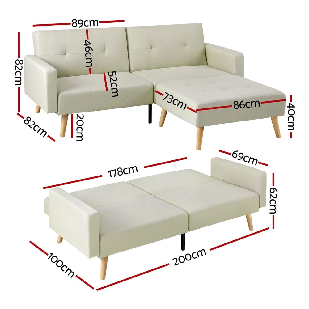 Artiss Sofa Bed Ottoman Lounge Couch Tufted Recliner 3 Seater Fabric Beige Scott