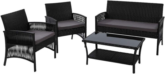 Gardeon 4PCS Outdoor Sofa Set Wicker Harp Chair Table Garden Furniture Black