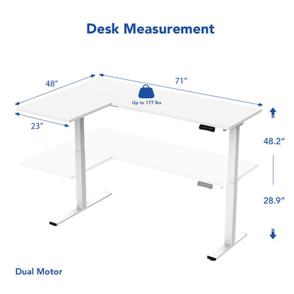 FLEXISPOT Corner Desk Dual Motor L Shaped Computer Electric Standing Sit Stand Up Desk Height Adjustable Home Office Table with Splice Board, 180x120cm White