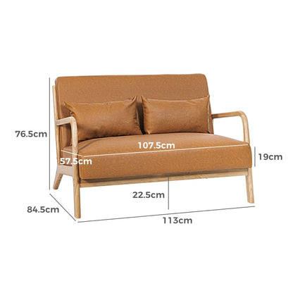 Furb 2 Seater Sofa - Brown Leather Lounge Sofa, Faux Leather Couch with Cushions, Sofa for Living Room