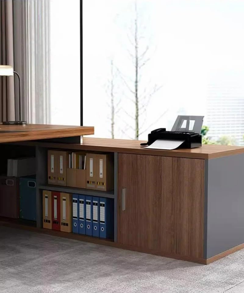 Nuipesn Luxury President Office Stylish Executive Desk – High-Density Board for Enhanced Functionality and Work Efficiency (Walnut, Inside View Right Side Cabinet/L160*W120*H75cm)