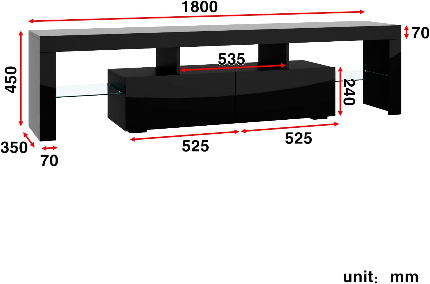 ELEGANT TV Cabinet Furniture with LED Lighting, 200cm High Gloss Black Entertainment Unit