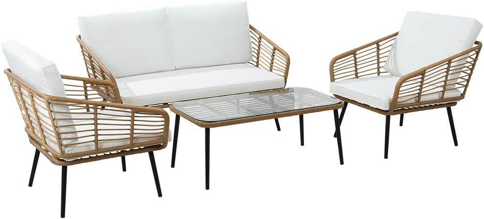 Gardeon Outdoor Sofa 4 Piece Wicker Lounge Setting Table and Chairs, Patio Furniture Rattan Modular Set Garden Pool Deck Backyard, Weather-Resistant Cushions Glass Tabletop Brown