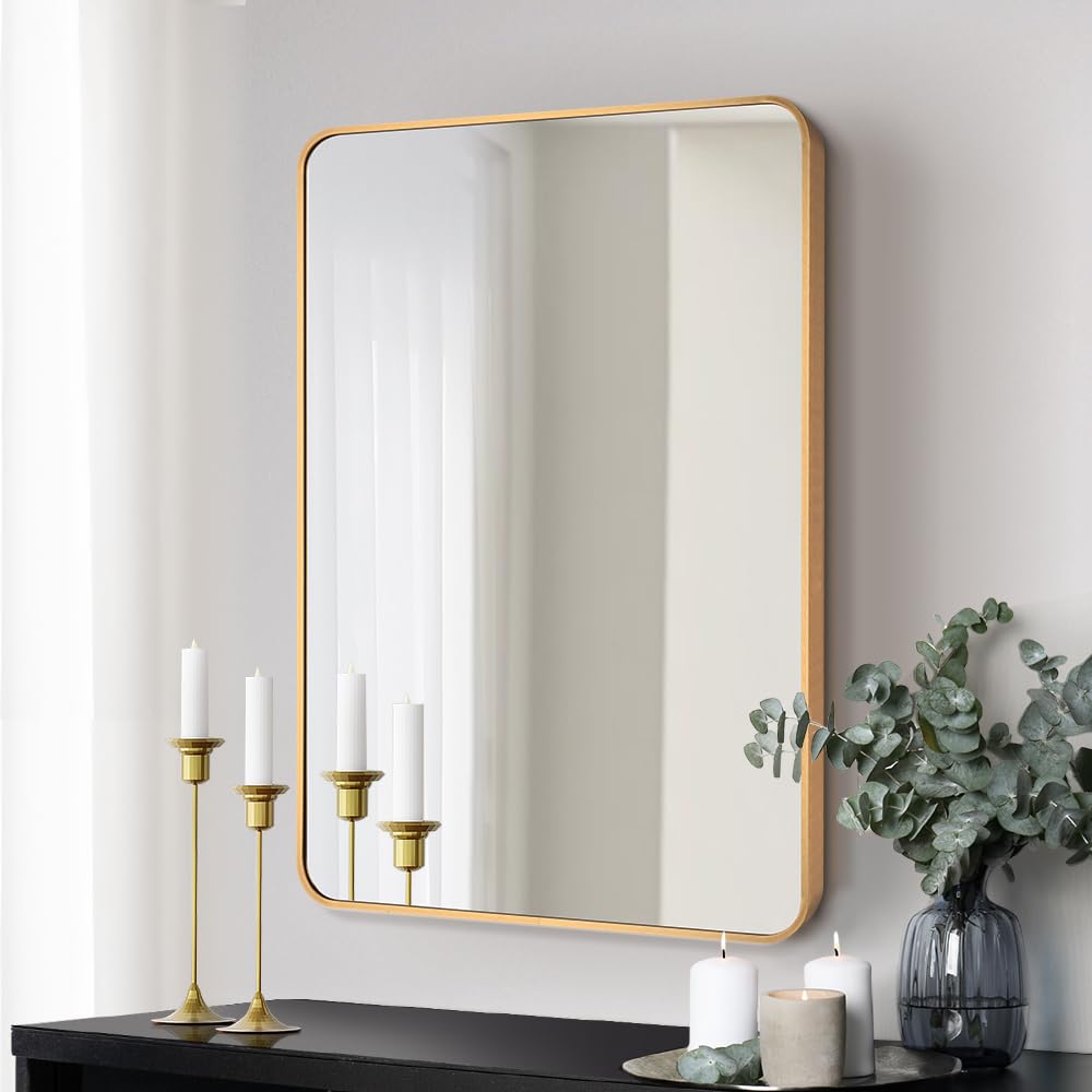 Furb Round Wall Mirror, 80cm Circle Vanity Mirror, Metal Frame Mirror for Living Room, Bathroom, Hallyway (Gold)