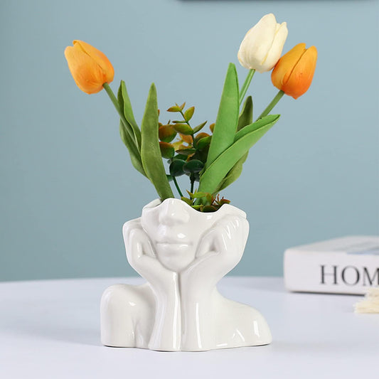 Disoza Ceramic Body Vase for Home Decor White Modern Face Vases for Living Room