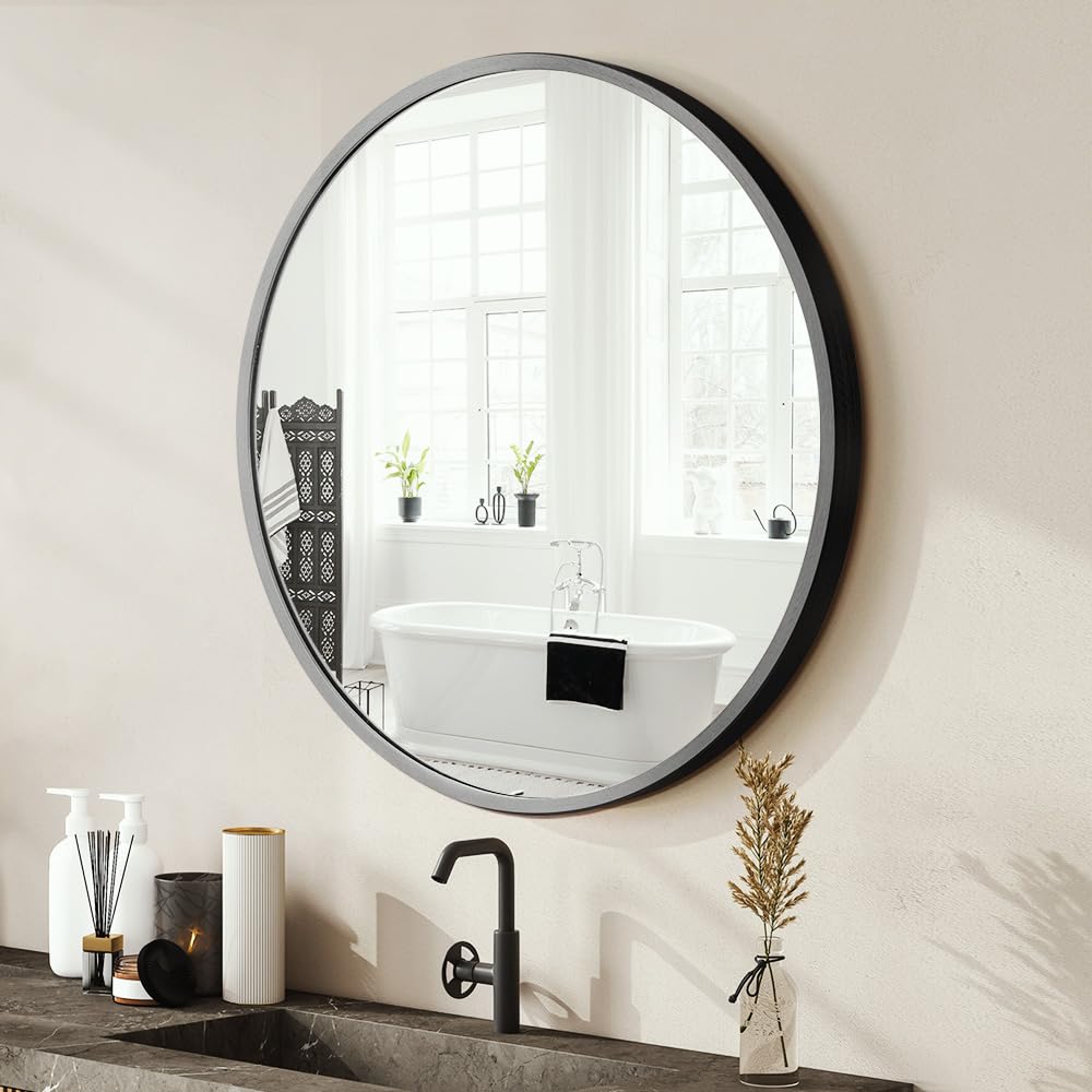 Furb Round Wall Mirror, 80cm Circle Vanity Mirror, Metal Frame Mirror for Living Room, Bathroom, Hallyway (Gold)