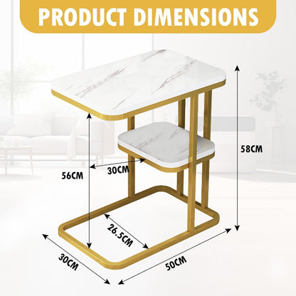 DAWNTREES Side Table C-Shaped Coffee Table Imitation Marble Texture 2-Layer Storage Shelf Living Room Tea Table Sofa Side Table 56x50x30cm,Gold Frame Whiteboard