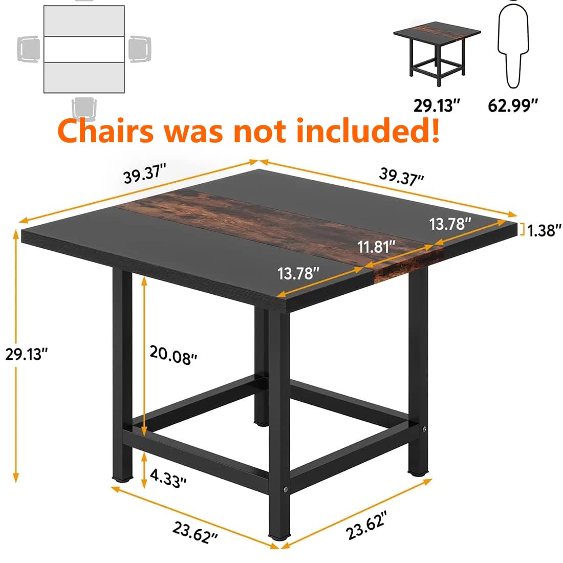 Tribesigns Square Dining Table for 4 People, Farmhouse 39.4"x 39.4"x29.5 “ inches, 2 Person Dinning Table for Dinning Room.