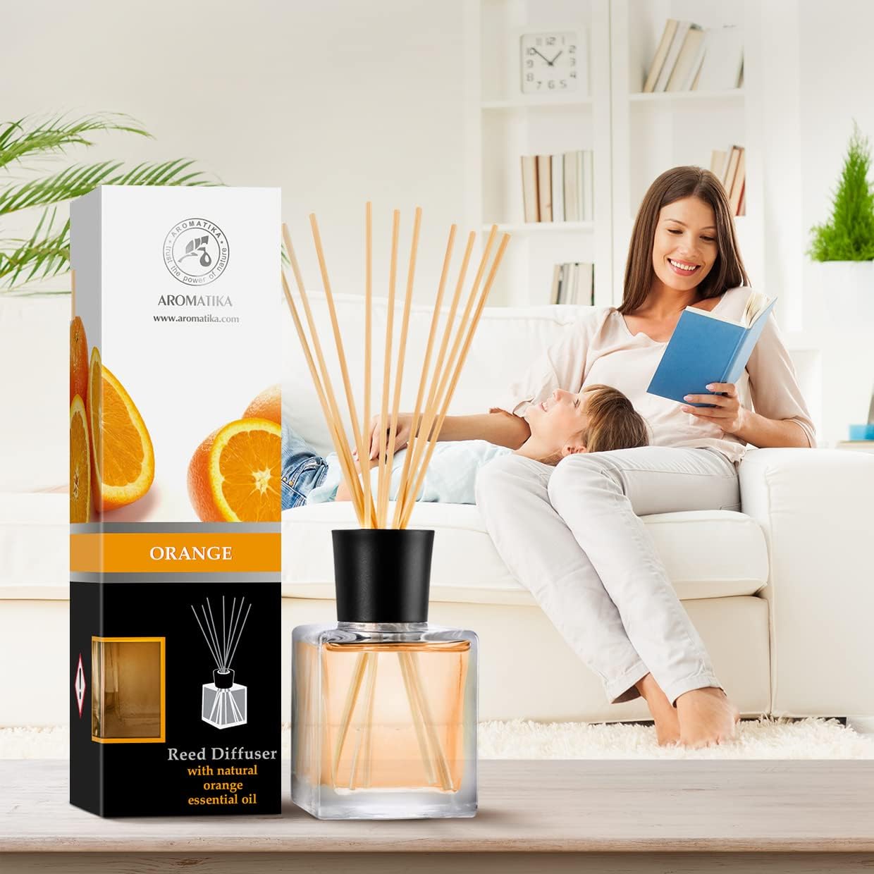 Orange Reed Diffuser Natural Essential Orange Oil 200ml - Fresh & Long Lasting Home Fragrance - 0% Alcohol - Gift Set with Bamboo Sticks - Best for Aromatherapy - Spa - Home - Kitchen - Bath - Office