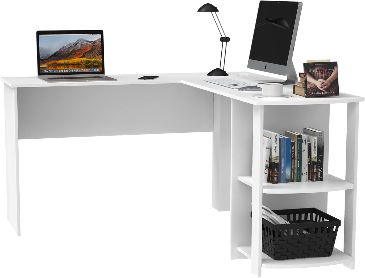 Advwin L-Shaped Computer Desk with Storage Shelf Wooden Workstation Writing Table Modern Office Desks for Study Work from Home, White