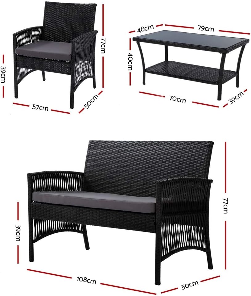 Gardeon 4PCS Outdoor Sofa Set Wicker Harp Chair Table Garden Furniture Black