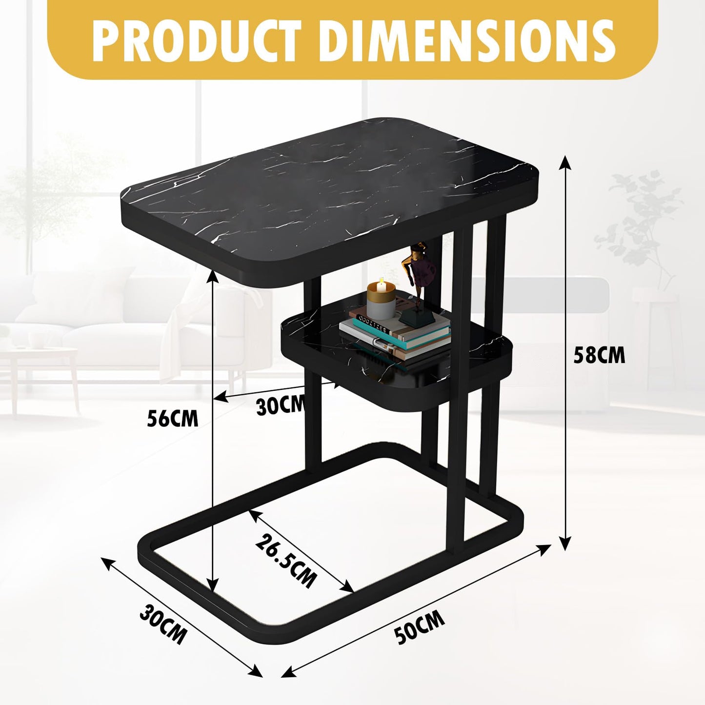 DAWNTREES Side Table C-Shaped Coffee Table Imitation Marble Texture 2-Layer Storage Shelf Living Room Tea Table Sofa Side Table 56x50x30cm,Gold Frame Whiteboard