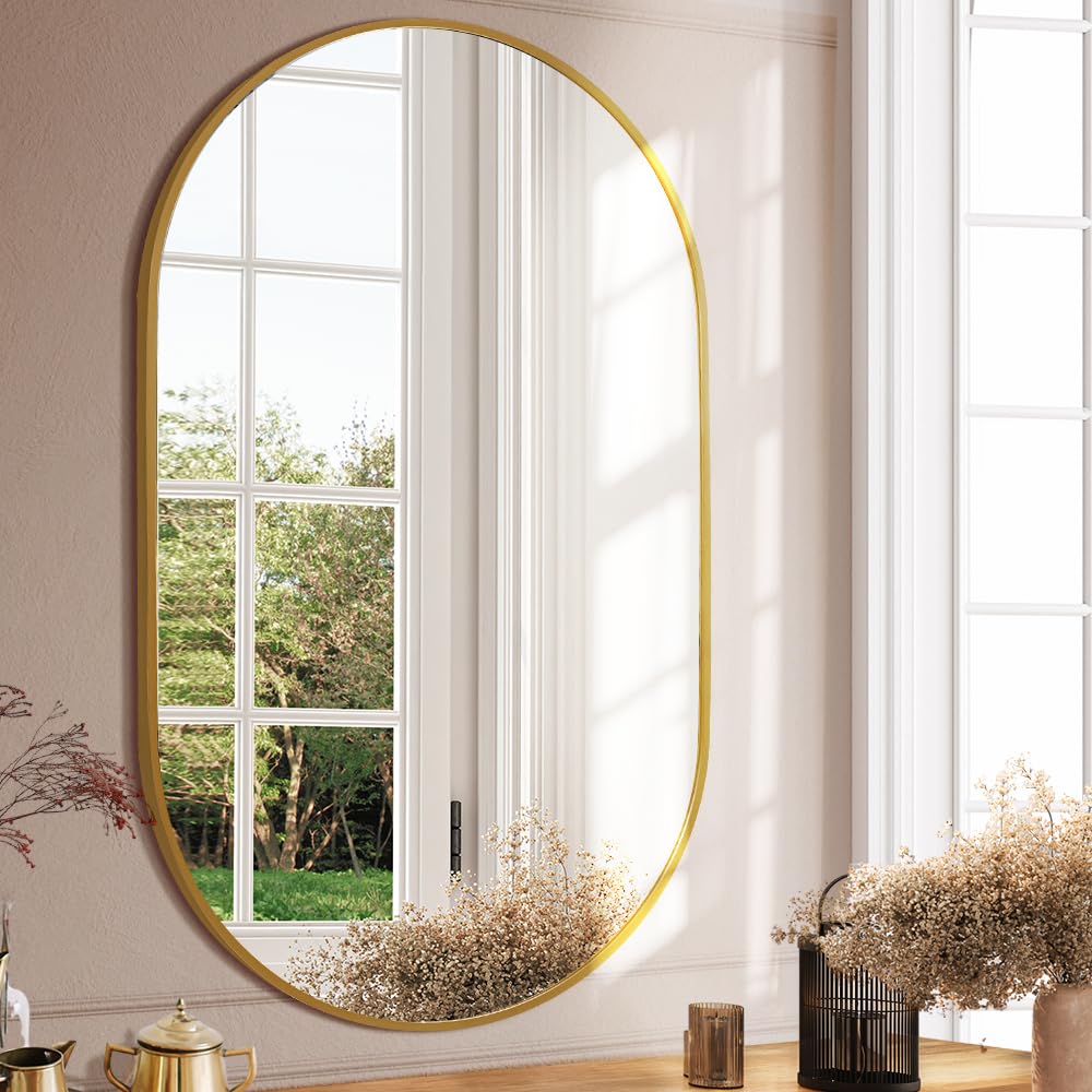 Furb Round Wall Mirror, 80cm Circle Vanity Mirror, Metal Frame Mirror for Living Room, Bathroom, Hallyway (Gold)