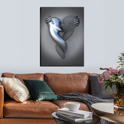 HONEYBABY Bedroom Wall Decor,Framed Romantic Couple Living Room Canvas wall art,Love Heart 3D Metal Sculpture Effect