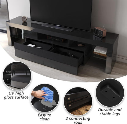 ELEGANT TV Cabinet Furniture with LED Lighting, 200cm High Gloss Black Entertainment Unit