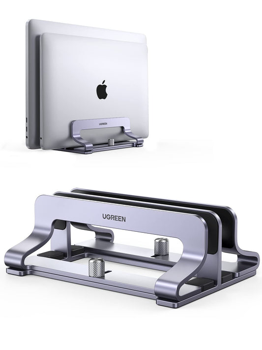 UGREEN Vertical Laptop Stand for Desk, Dual Slot Aluminum Holder, Adjustable Dock, Compatible with MacBook, Chromebook, up to 17.3 Inch, Grey