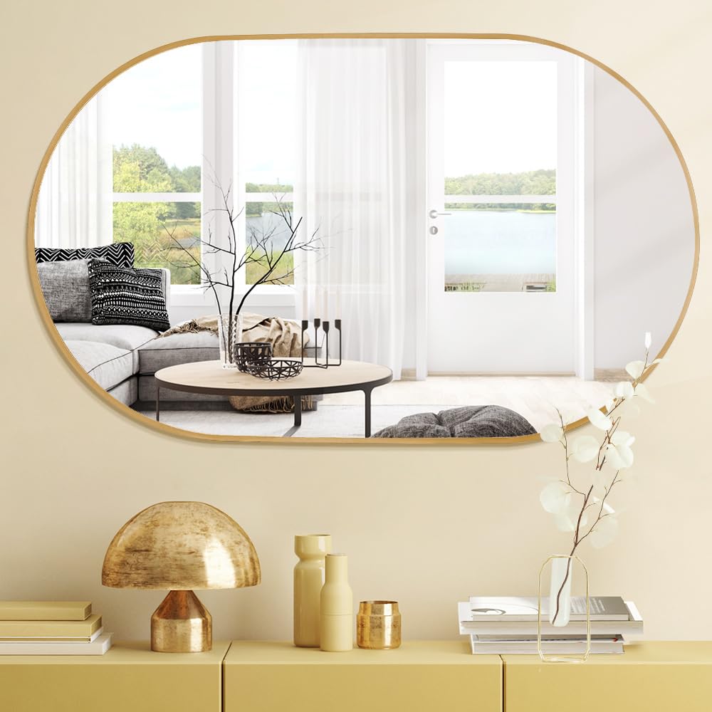 Furb Round Wall Mirror, 80cm Circle Vanity Mirror, Metal Frame Mirror for Living Room, Bathroom, Hallyway (Gold)