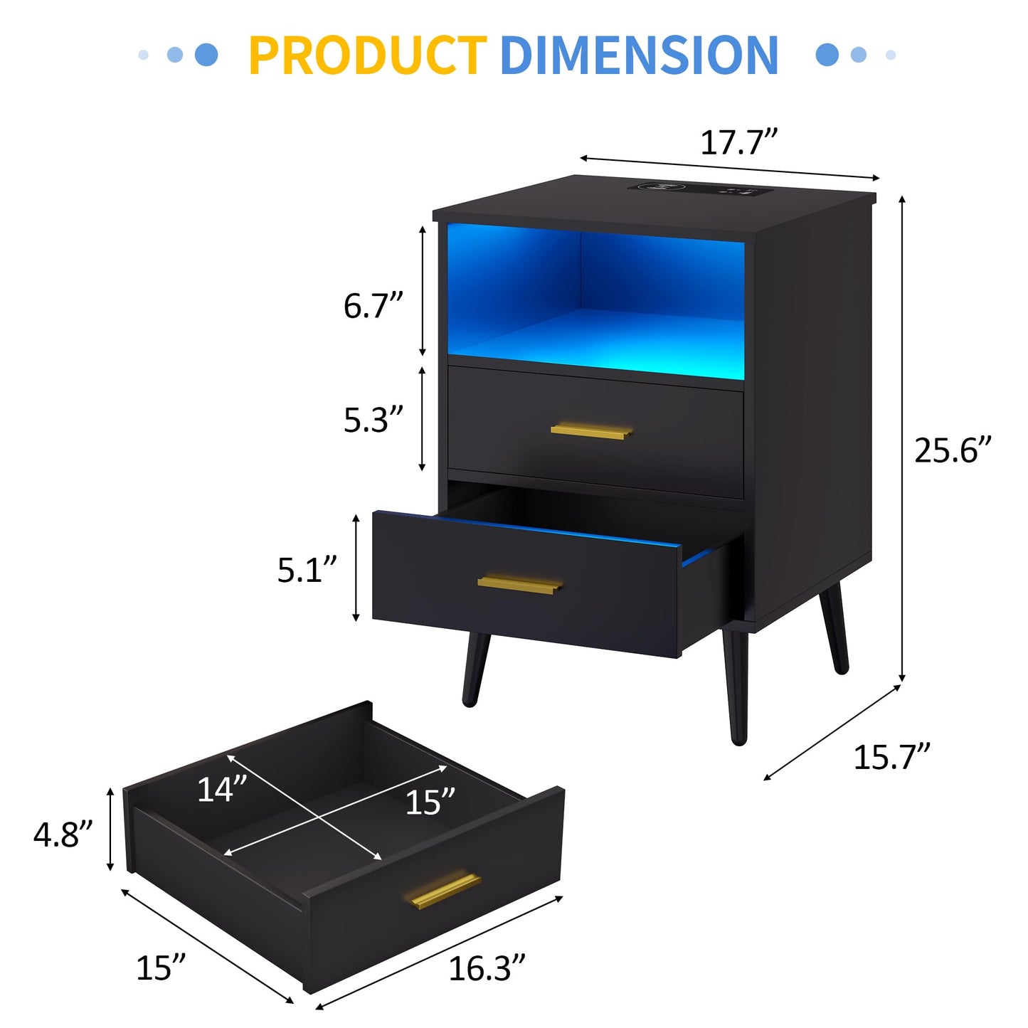 LVSOMT Black Bedside Table with Charging Station and LED Lights, Modern Nightstand with 2 Drawers, Storage Shelf Smart Night Stand for Bedroom Living Room