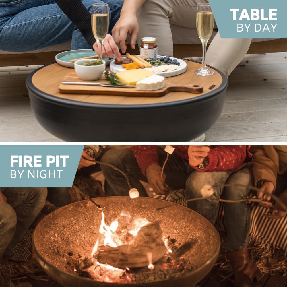 DENKOE Cast Iron Fire Pit Table with Lid, Extra Thick and Heavy Duty Fire Bowl, Deep Round Firepit for Outdoor Bonfire Gatherings, Wood Burning Firepits for Outside Patio, Modern Outdoor Fire Pits