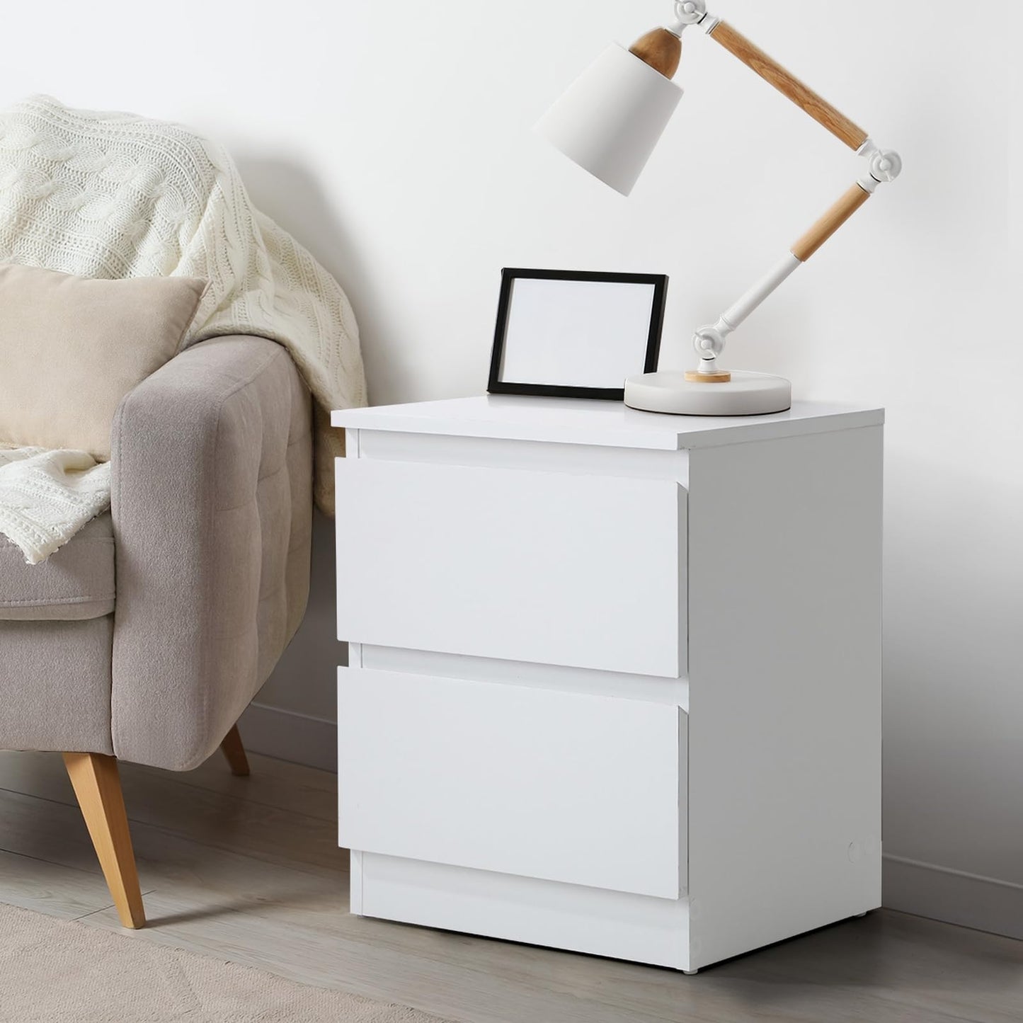 Oikiture Bed Side Table with 2 Drawers White Bedside Table Side End Table