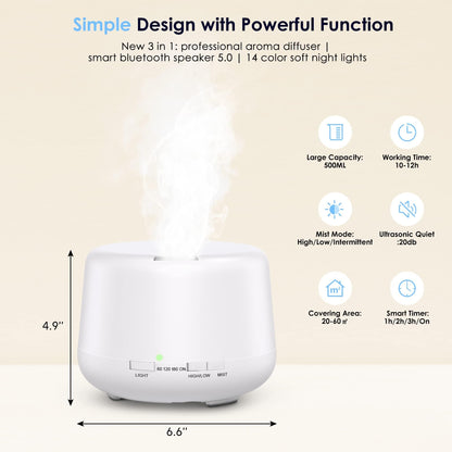 IGGDOQI Humidifier Oil Fragrance Diffuser Bluetooth Speaker 5.0, 500ML Aromatherapy Diffusers for Aroma Essential Oils Large Room Bedroom Office Home 14 Colors Night Light with Remote, 4 Timers