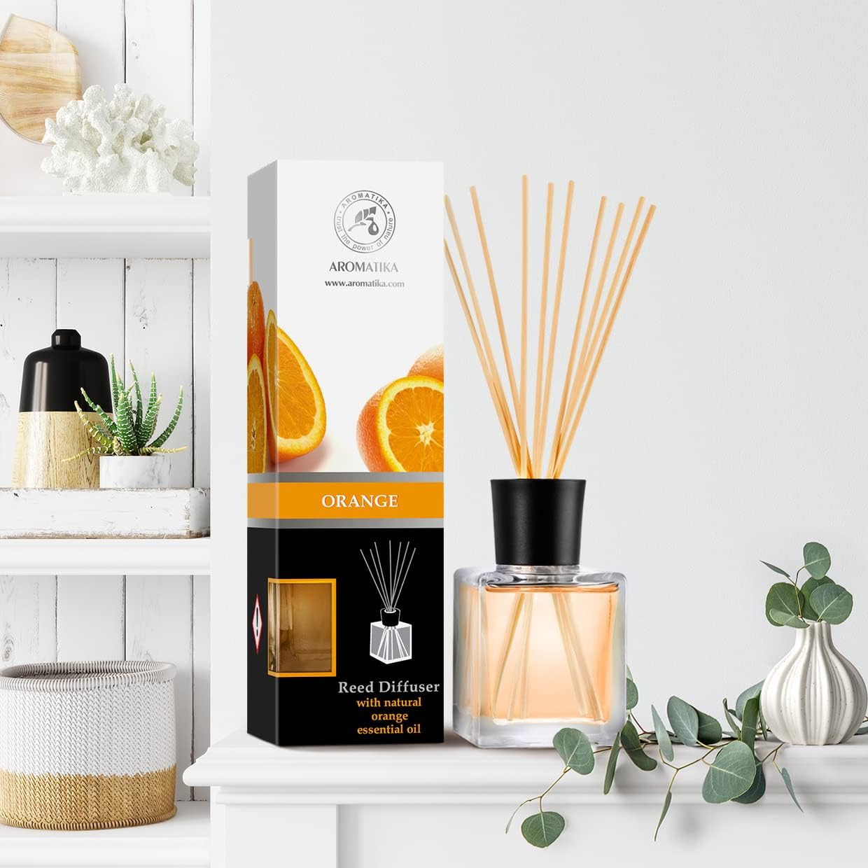 Orange Reed Diffuser Natural Essential Orange Oil 200ml - Fresh & Long Lasting Home Fragrance - 0% Alcohol - Gift Set with Bamboo Sticks - Best for Aromatherapy - Spa - Home - Kitchen - Bath - Office