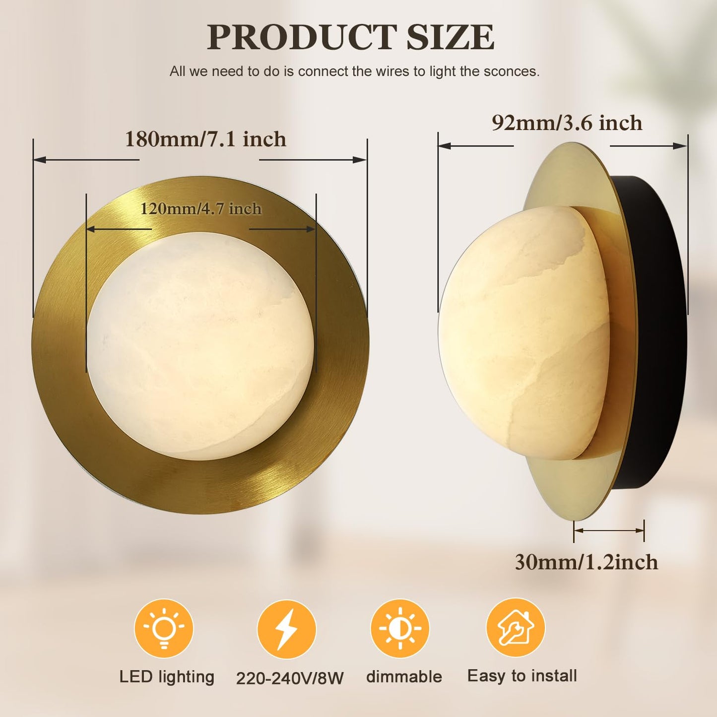 ZSnorthzun Wall Lighting Fixtures, Modern Gold Wall Sconce Light, LED Indoor Lighting Wall Lamp, Indoor Sconces for Living Room, Bedroom, Hallway Marble 7W 3000k/4000k/6000k (Gold)