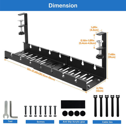 Necomi No Drill Under Desk Cable Management Tray, 21.7" Retractable Clamp Mounted Desk Cable Cord Organizer for Wire Management, Sturdy Metal Cable Tray Basket for Home Office(Black)