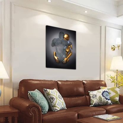 HONEYBABY Bedroom Wall Decor,Framed Romantic Couple Living Room Canvas wall art,Love Heart 3D Metal Sculpture Effect