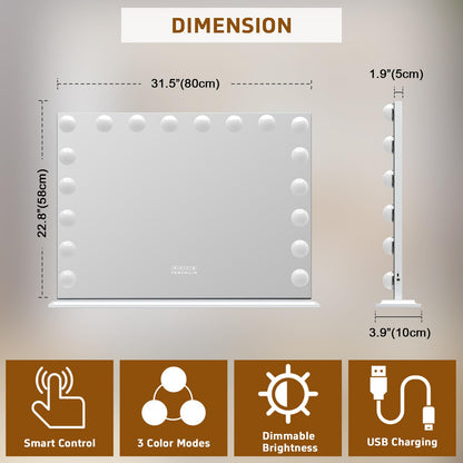 FENCHILIN Vanity Smart Mirror with Lights Bluetooth Speaker USB Power Charging Large Hollywood Lighted Mirror with 18 Dimming LED Bulbs for Tabletop/Wall-Mounted