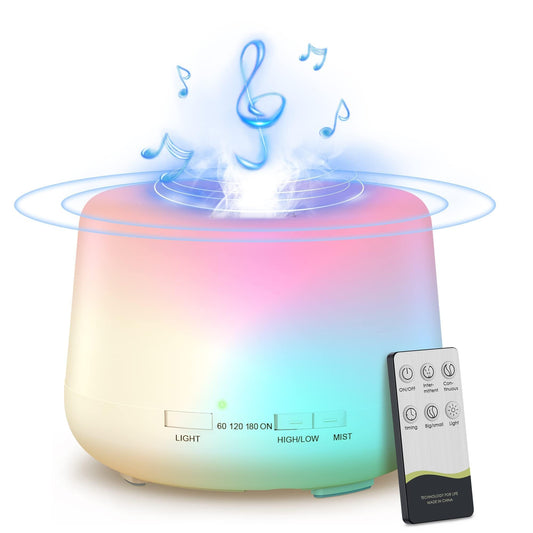 IGGDOQI Humidifier Oil Fragrance Diffuser Bluetooth Speaker 5.0, 500ML Aromatherapy Diffusers for Aroma Essential Oils Large Room Bedroom Office Home 14 Colors Night Light with Remote, 4 Timers