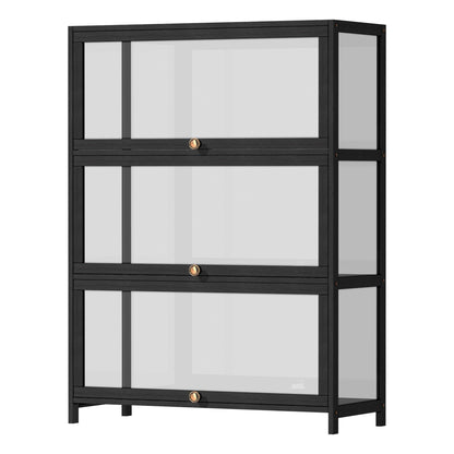 OIKITURE 3 Tier Display Shelves Hallway Cabinet, 78.5x32x106CM, Storage Cabinet with Magnetic Closure Clear Door for Hallway Bathroom Dining Room Living Room, Black