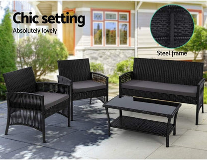 Gardeon 4PCS Outdoor Sofa Set Wicker Harp Chair Table Garden Furniture Black