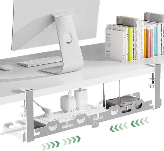 Yakiter 16-29.6 Inch Extendable Steel Desk Cord Organizer, No Drill Under Desk Cable Management Tray with Clip Mount, Cable Clamp & Cable Tie Cord Manager, Home Office Computer (White)