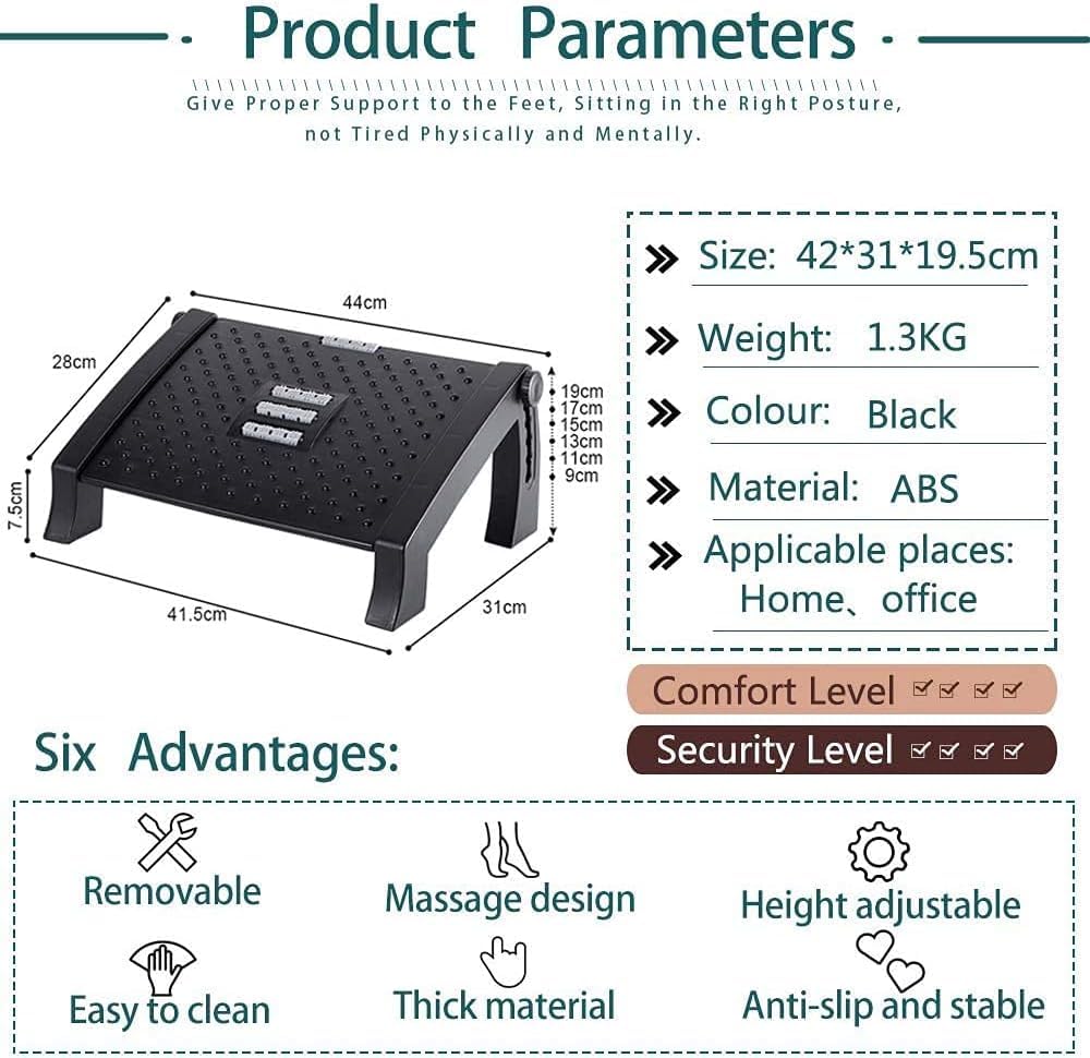 NOAEOU Office Foot Rest for Under Desk - Adjustable Foot Rest with Massage Texture and Roller, Ergonomic Foot Rest with 6 Height Position, for Home, Office, School, Black