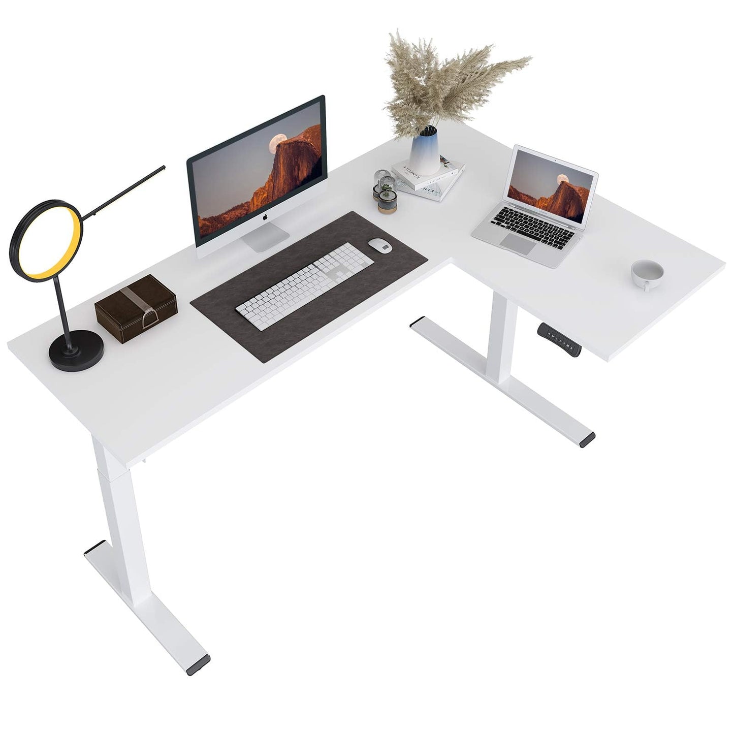 FLEXISPOT Corner Desk Dual Motor L Shaped Computer Electric Standing Sit Stand Up Desk Height Adjustable Home Office Table with Splice Board, 180x120cm White