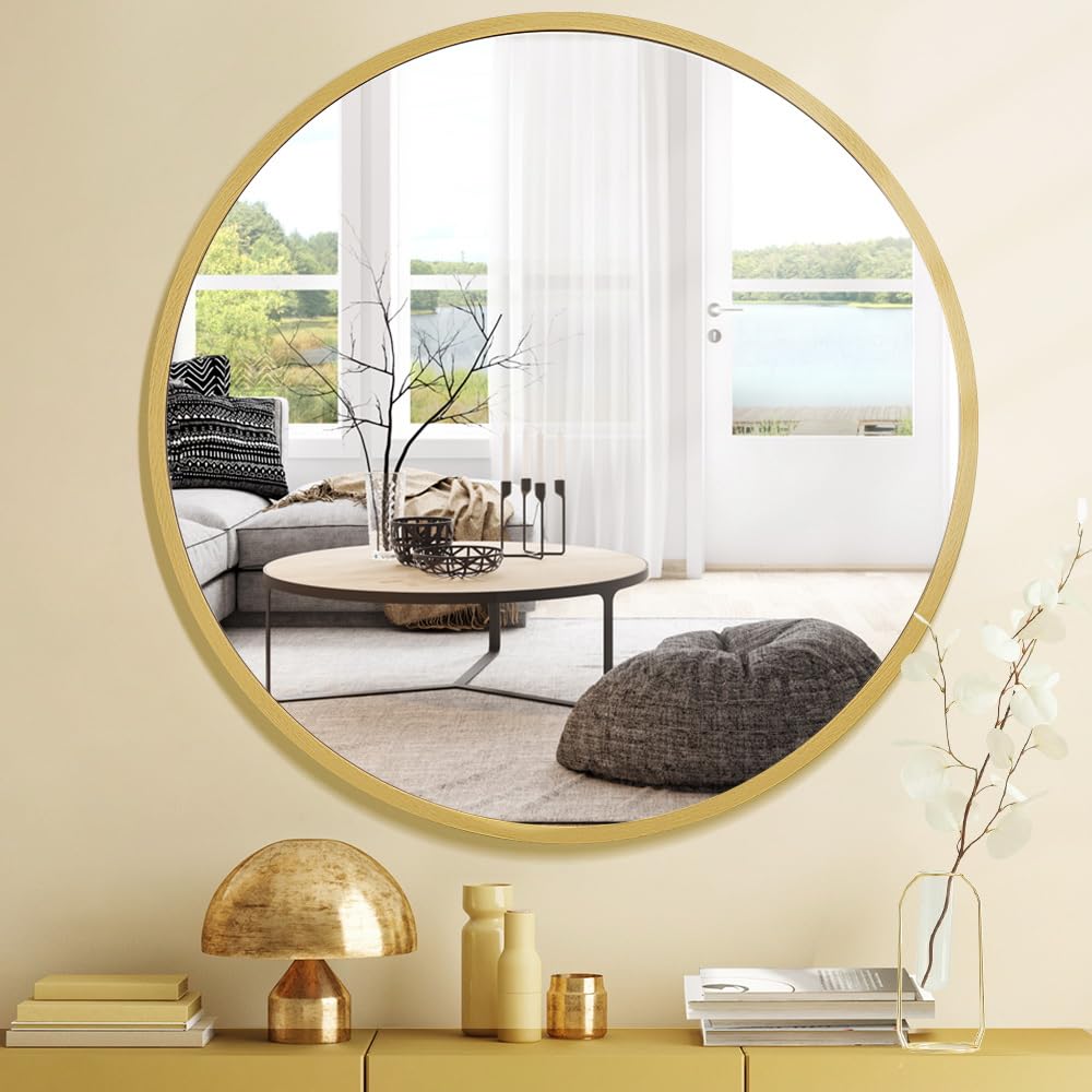 Furb Round Wall Mirror, 80cm Circle Vanity Mirror, Metal Frame Mirror for Living Room, Bathroom, Hallyway (Gold)