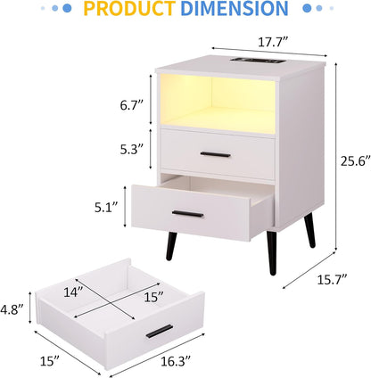 LVSOMT Black Bedside Table with Charging Station and LED Lights, Modern Nightstand with 2 Drawers, Storage Shelf Smart Night Stand for Bedroom Living Room