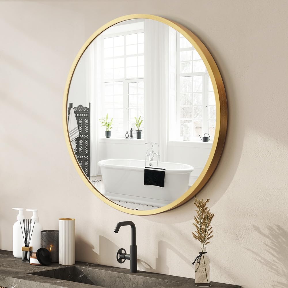 Furb Round Wall Mirror, 80cm Circle Vanity Mirror, Metal Frame Mirror for Living Room, Bathroom, Hallyway (Gold)