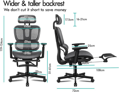 ALFORDSON Ergonomic Mesh Office Chair with 3D Armrest, Recline & Tilt Executive Study Chair with Adaptive Lumbar Support, Computer Gaming Desk Chair with Adjustable Headrest & Footrest, Grey