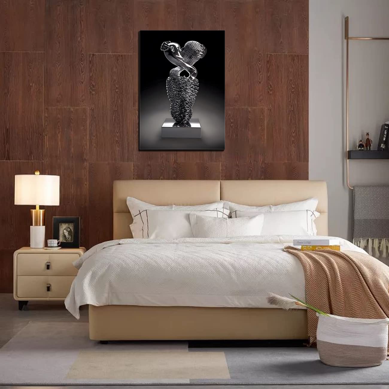 HONEYBABY Bedroom Wall Decor,Framed Romantic Couple Living Room Canvas wall art,Love Heart 3D Metal Sculpture Effect