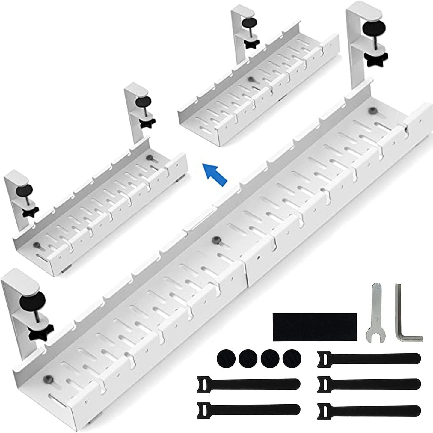 Necomi No Drill Under Desk Cable Management Tray, 21.7" Retractable Clamp Mounted Desk Cable Cord Organizer for Wire Management, Sturdy Metal Cable Tray Basket for Home Office(Black)