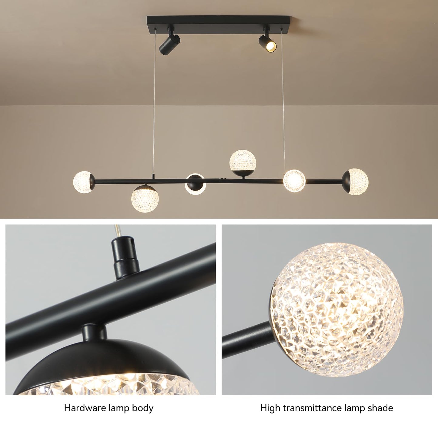 GEADI Modern Chandelier Ceiling Light, Dimmable LED Ceiling Pendant Lighting, 3-Light Indoor Dining Light Fixture for Kitchen Island Dining Room Living Room (62W, Black)