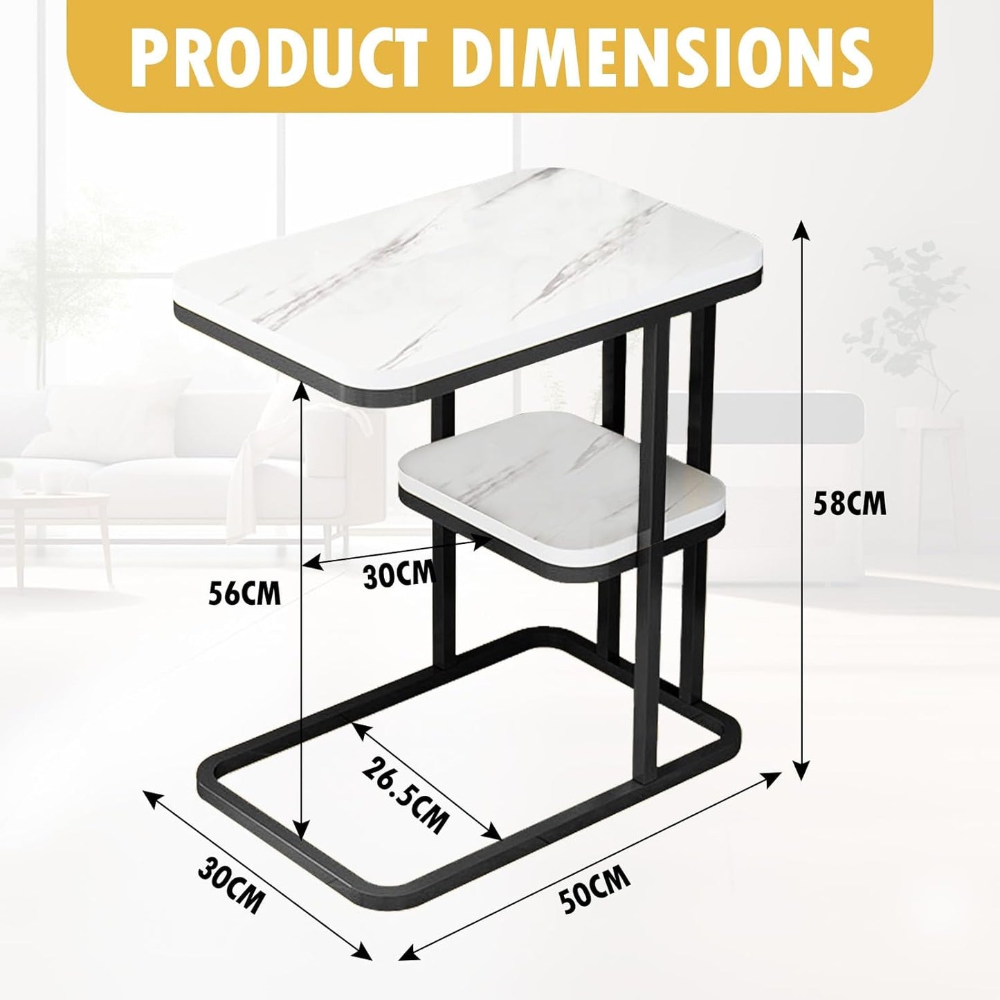 DAWNTREES Side Table C-Shaped Coffee Table Imitation Marble Texture 2-Layer Storage Shelf Living Room Tea Table Sofa Side Table 56x50x30cm,Gold Frame Whiteboard