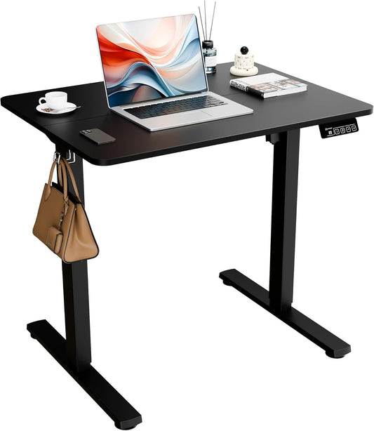 ERGOMAKER Electric Standing Desk 80x60cm (31"x23.6"), Height Adjustable Sit Stand Desk with Splice Board for Home Office, Computer Desk Memory Preset (Black Frame + Black Desktop)